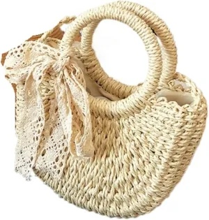 Large capacity Bag Sweet Straw Handbag with Bow and Wooden Ring: Encounter Romantic Moments Ladies shoulder Bag
