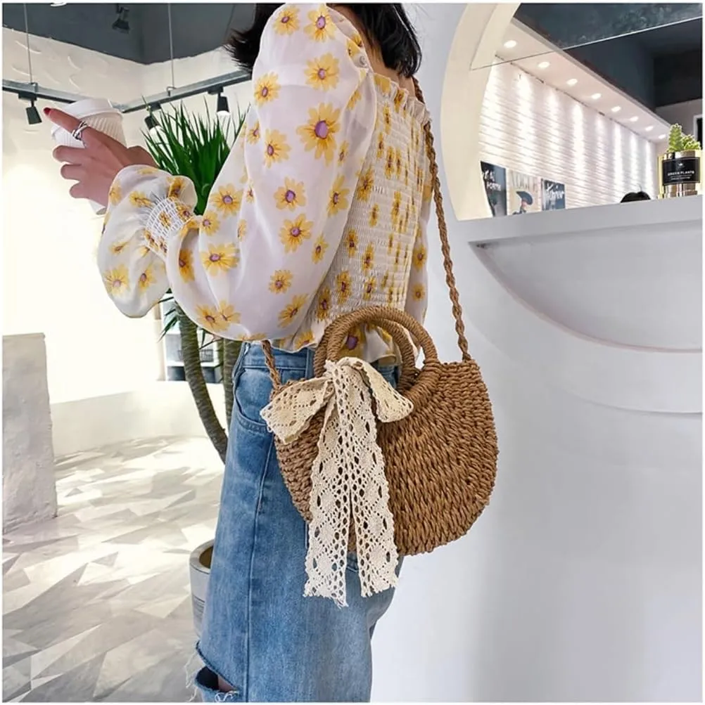 Large capacity Bag Sweet Straw Handbag with Bow and Wooden Ring: Encounter Romantic Moments Ladies shoulder Bag