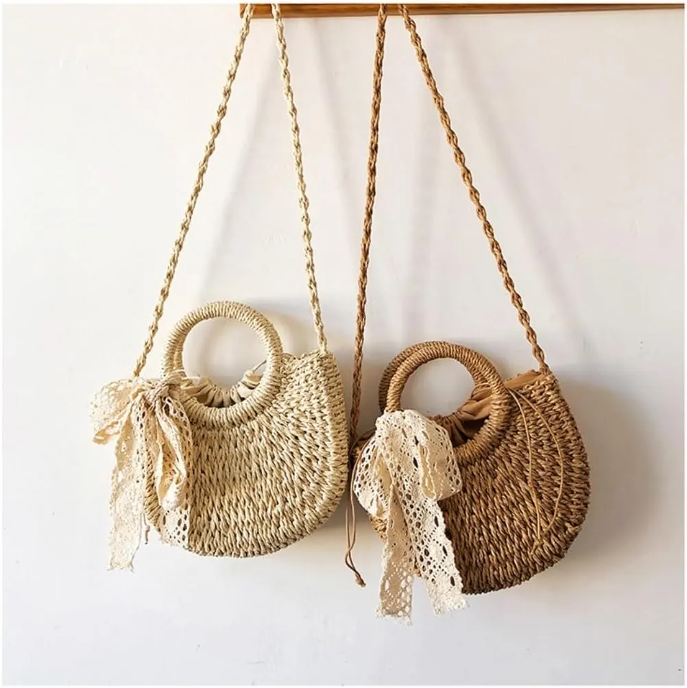 Large capacity Bag Sweet Straw Handbag with Bow and Wooden Ring: Encounter Romantic Moments Ladies shoulder Bag