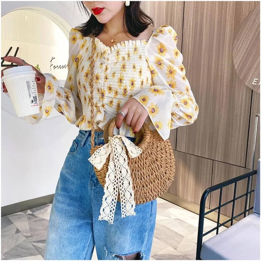Large capacity Bag Sweet Straw Handbag with Bow and Wooden Ring: Encounter Romantic Moments Ladies shoulder Bag