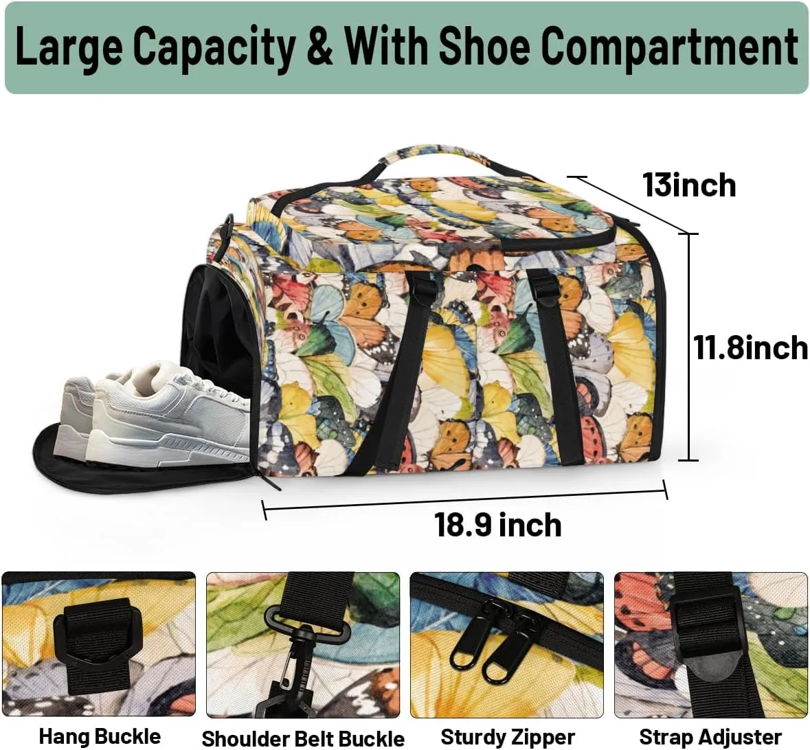 Large Sports Gym Bag With Shoe & Laptop Compartment 47L Waterproof Travel Duffel Bags for Men Women Art Butterfly Wings Luggage Backpack Duffle Bag