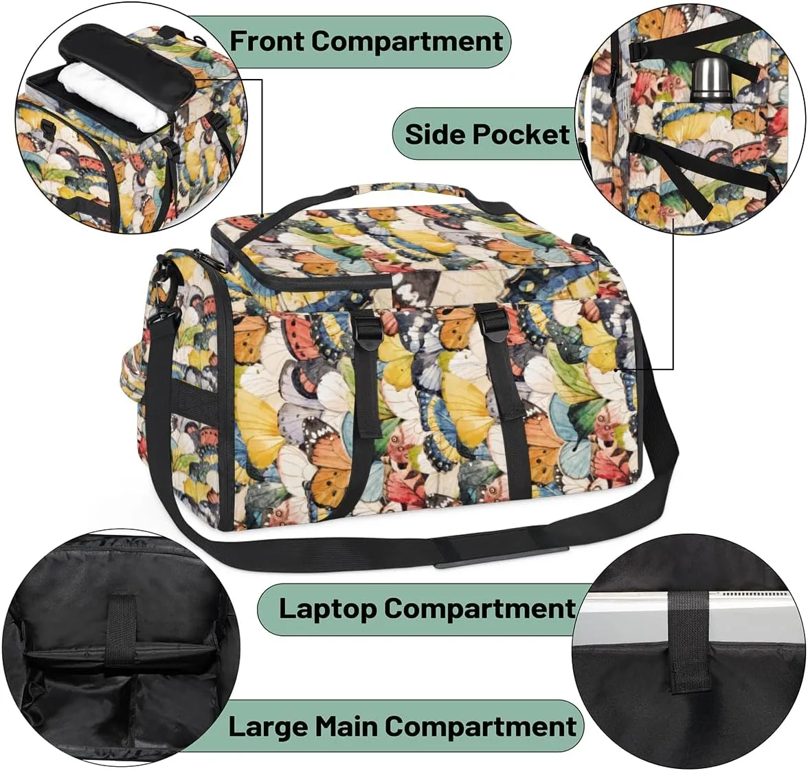 Large Sports Gym Bag With Shoe & Laptop Compartment 47L Waterproof Travel Duffel Bags for Men Women Art Butterfly Wings Luggage Backpack Duffle Bag