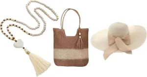 Large straw shoulder bag, Includes wide brim straw hat with bow and long wood necklace and heart in the center.