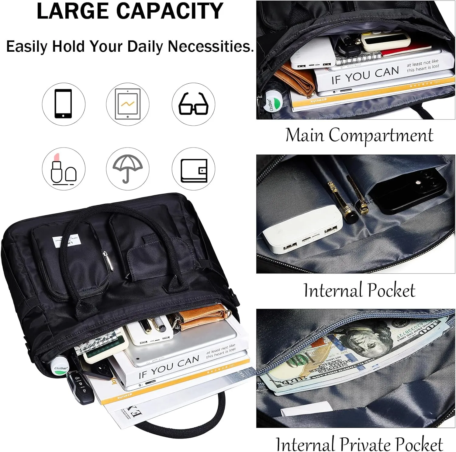 Large Utility Tote Bag with Multi-pockets and Compartment for Travel & Work