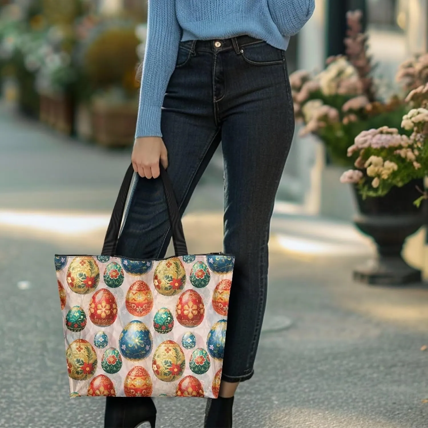 Large Zipper Tote Bag for Gym Work, Holiday Theme Recycle Paper Tote Bags with Handles Reusable Grocery Bag