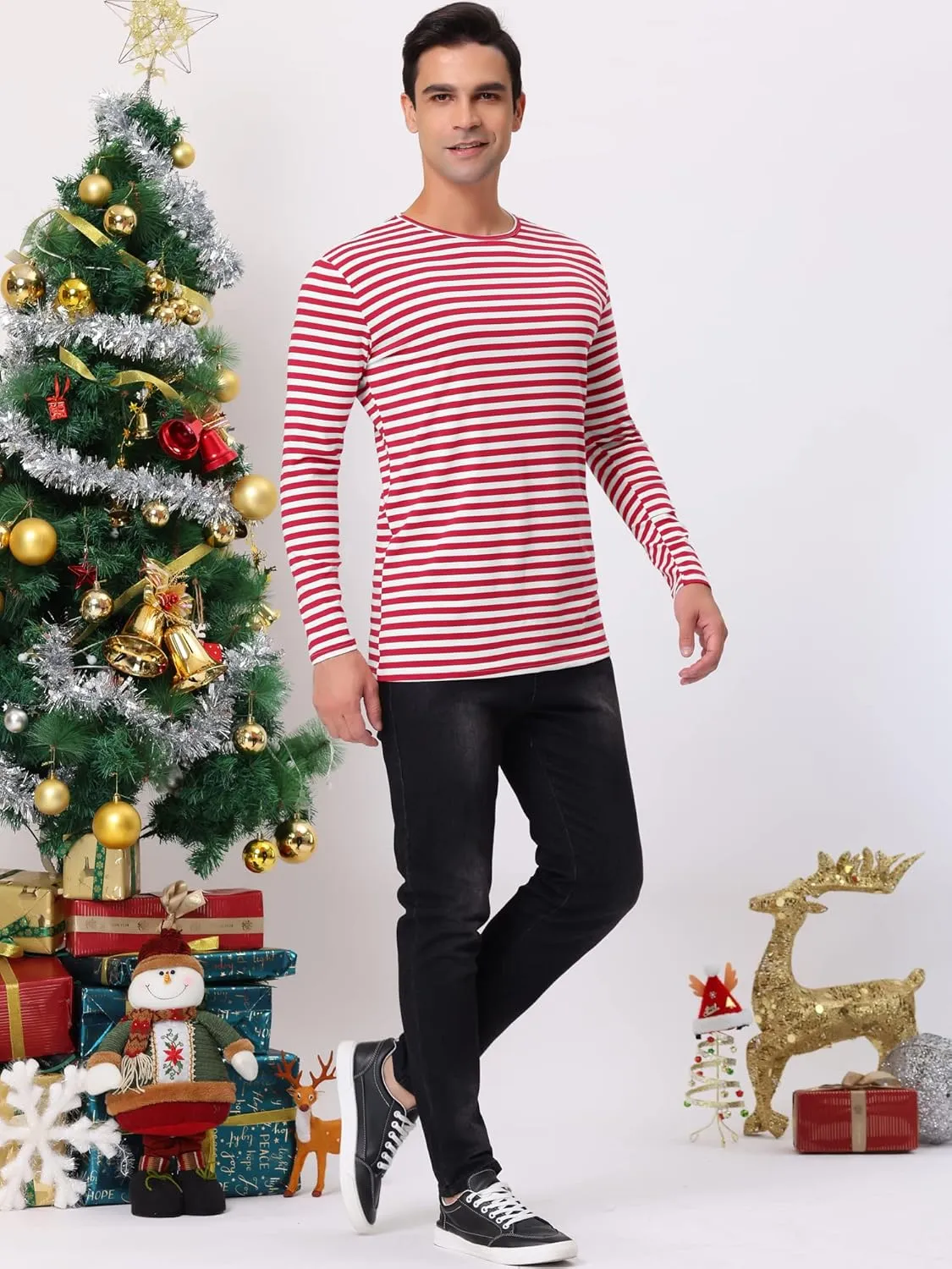 Lars Amadeus Men's Striped T-Shirt Long Sleeves Crew Neck Stripe Basic Top T Shirt