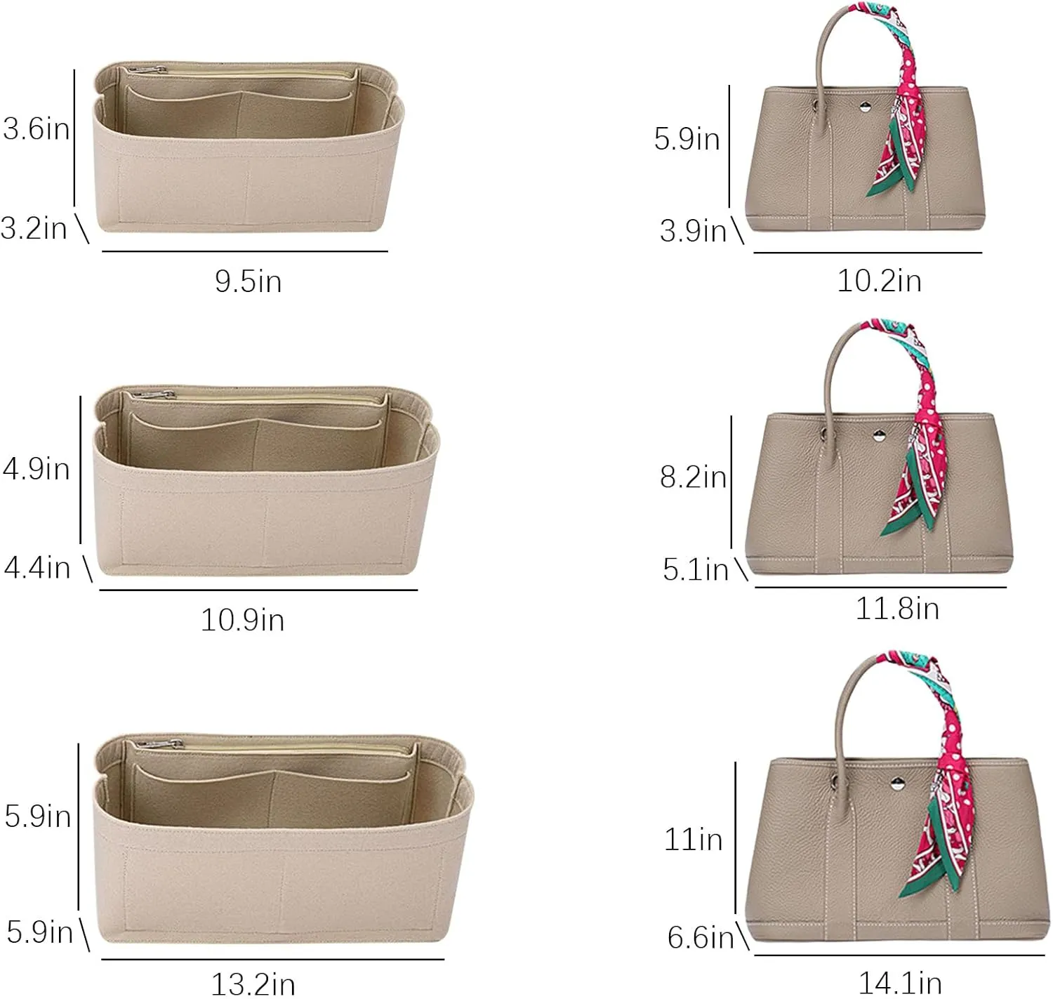 Lckaey bag organizer for hermes garden party tote garden party 36 Handbag Felt insert Y085Khaki-L