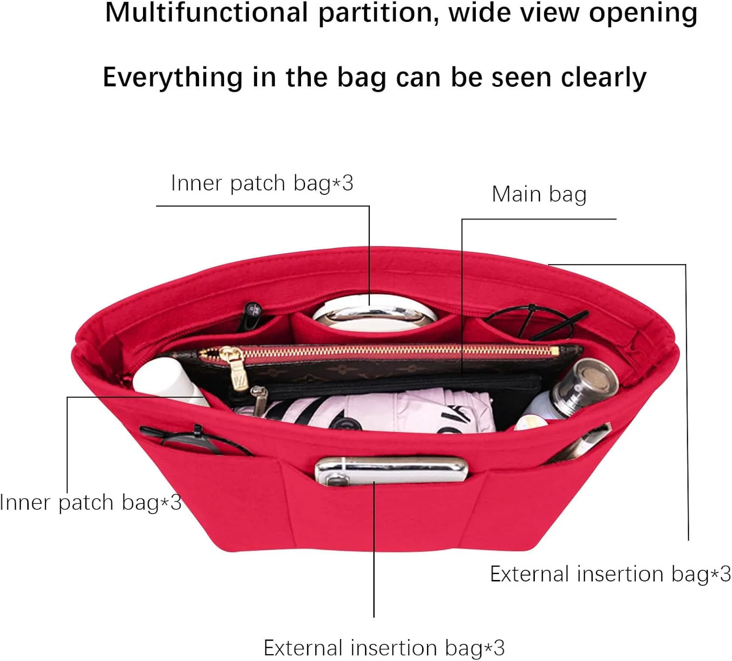 Lckaey Bag Organizer Insert Felt Purse Organizer for Handbag & Tote Organizer insert for Neverfull MM PM BagsY075red-M