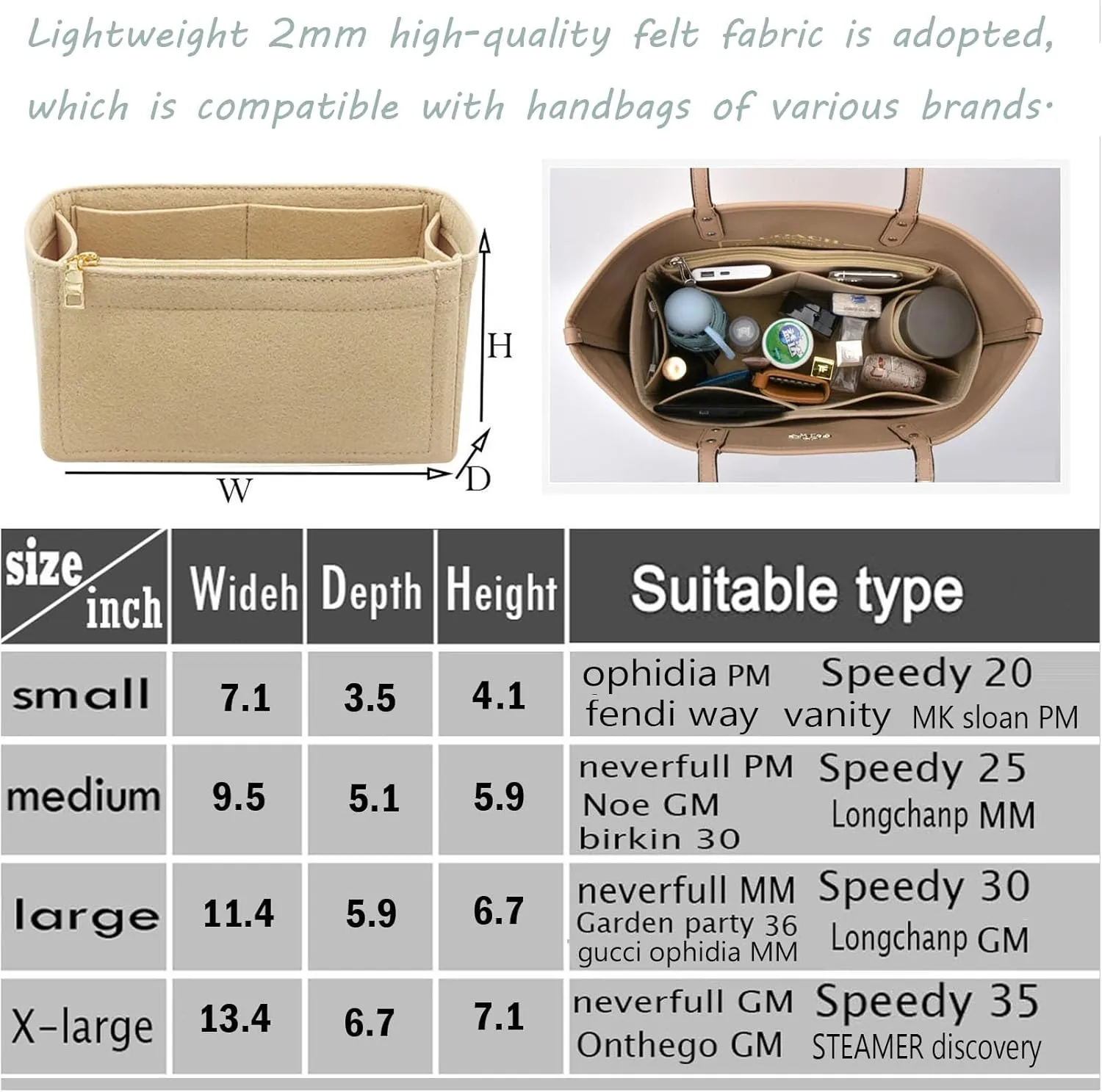 Lckaey Purse Inserts for Speedy 35 Organizer Insert, for monogram bag, HandBag protective insert Tote Bag and hand bag protector, organizer insert 1083Khaki-XL