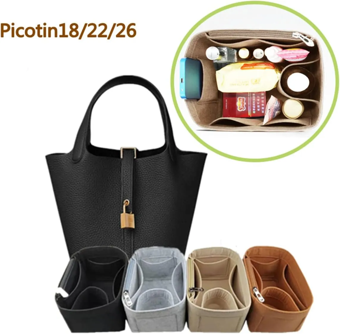 Lckaey Purse Organizer for picotin 18 strap picotin 26 gm bag insert 1098black -L
