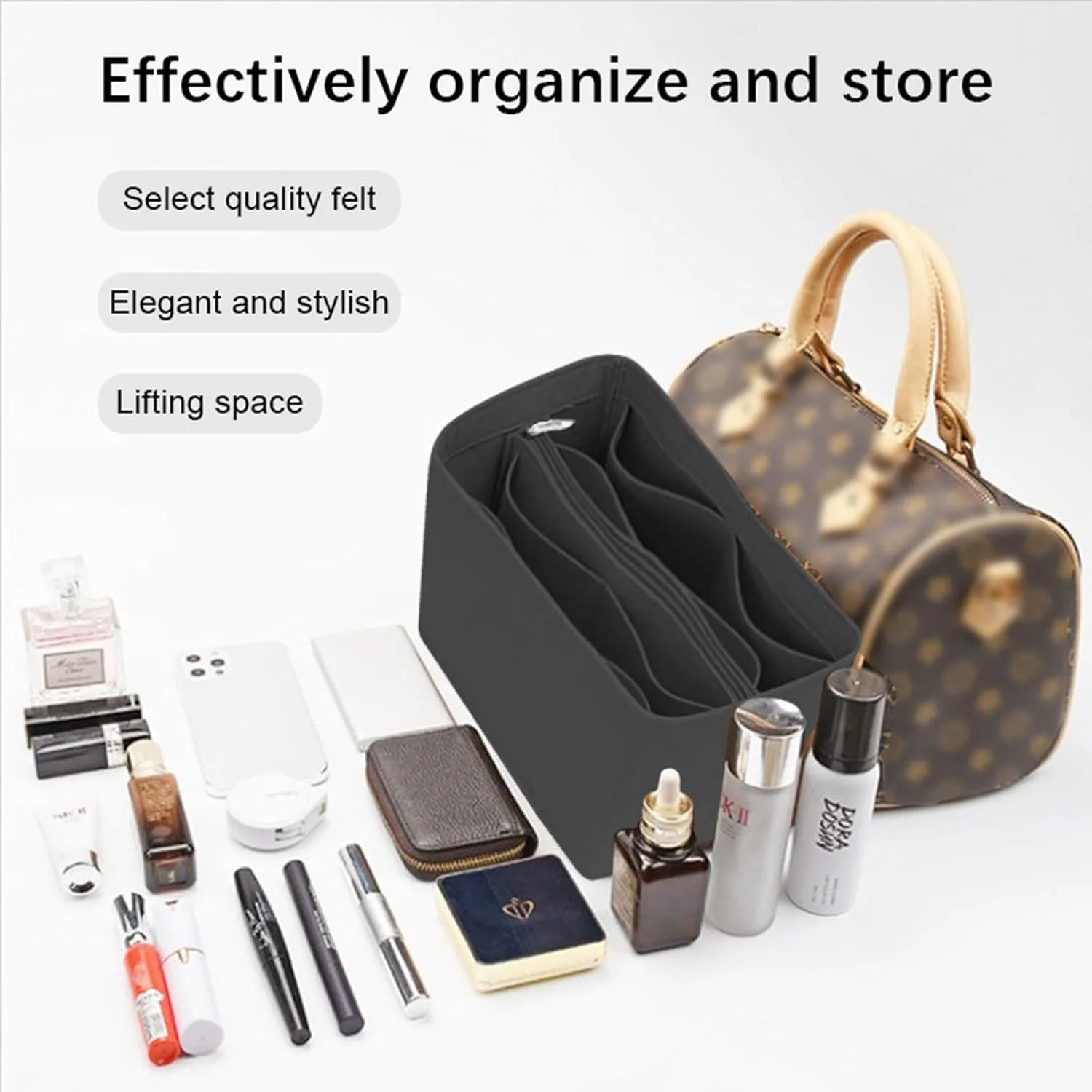 Lckaey Purse organizer for Speedy 25 HandBag protective insert Tote Bag and hand bag insert protector Y095black-M