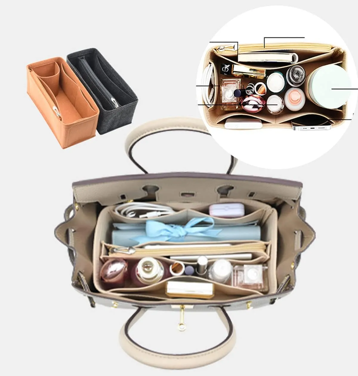 Lckaey Purse Organizer insert for birkin 35 insert organizer Felt bag1099beige-L