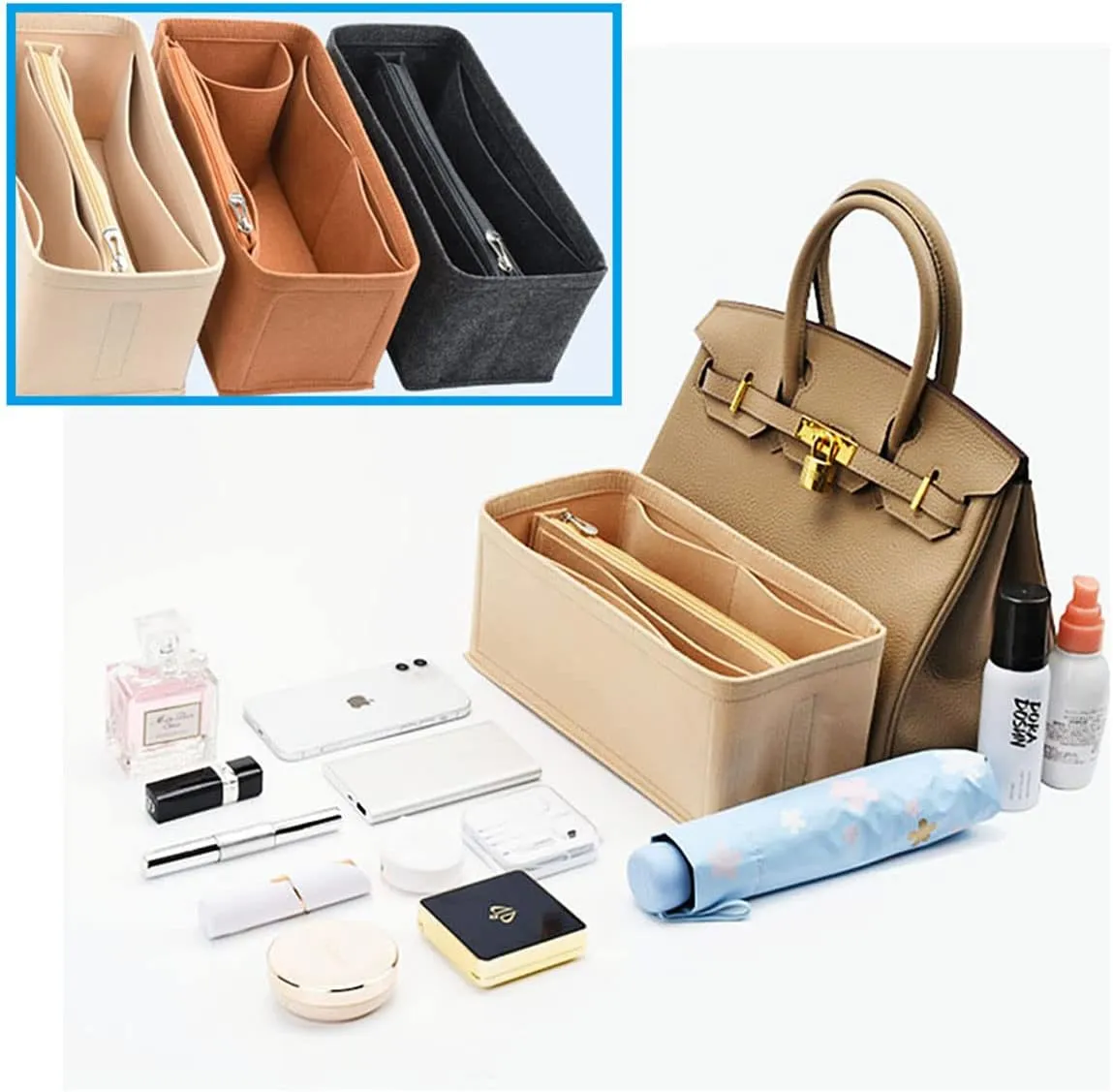 Lckaey Purse Organizer insert for birkin 35 insert organizer Felt bag1099beige-L
