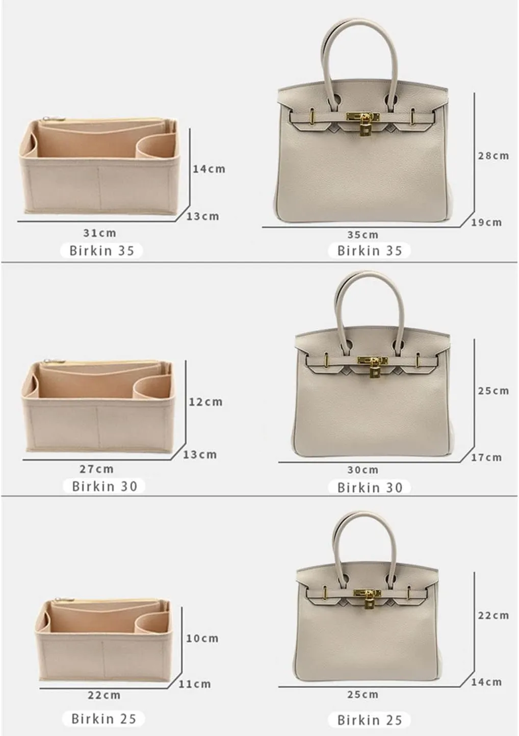 Lckaey Purse Organizer insert for birkin 35 insert organizer Felt bag1099beige-L