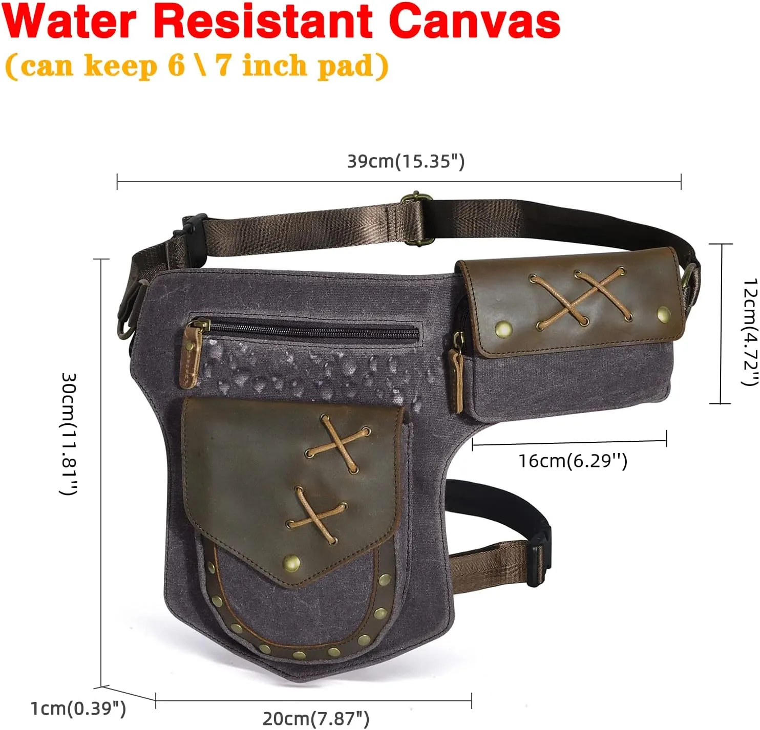 Le'aokuu Men‘s Canvas And Genuine Leather Waterproof Waist Pack Crossbody Chest Bag Bum Bag Hip Pouch Pockets Belt Bag 211-8 (0 Grey)