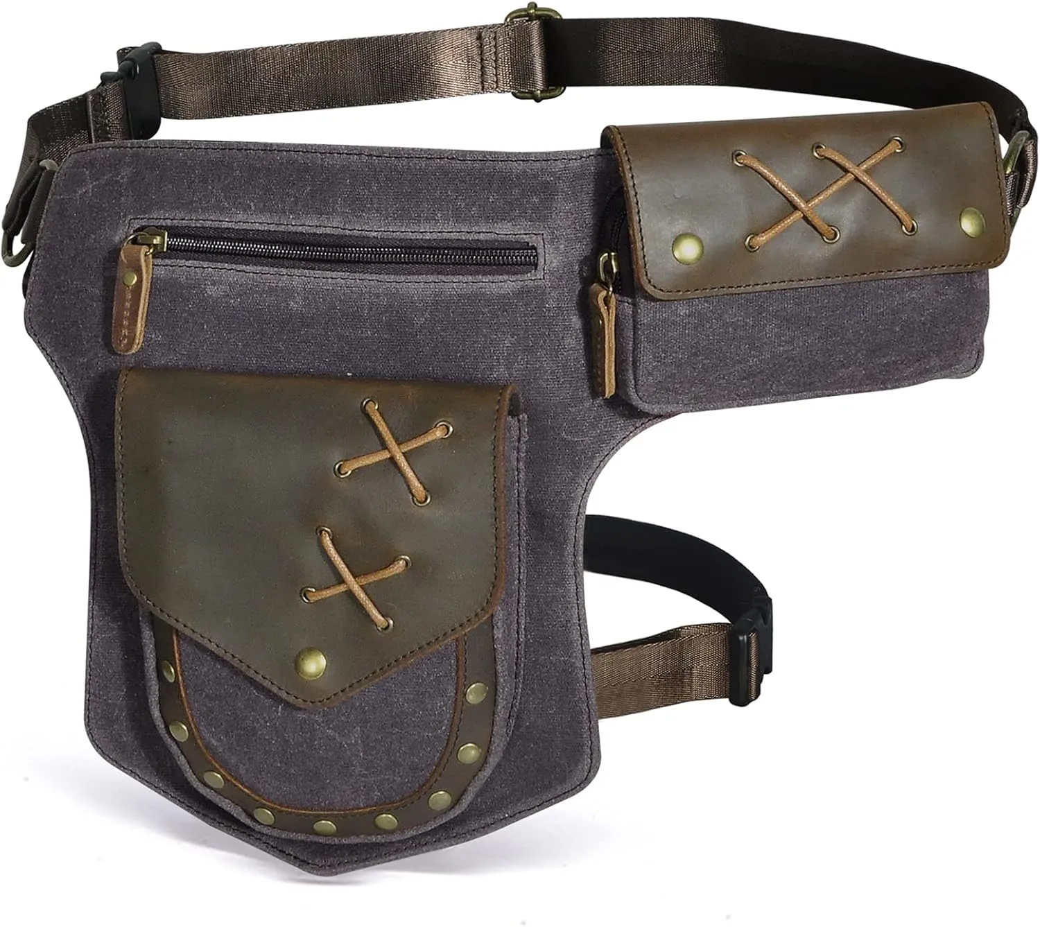 Le'aokuu Men‘s Canvas And Genuine Leather Waterproof Waist Pack Crossbody Chest Bag Bum Bag Hip Pouch Pockets Belt Bag 211-8 (0 Grey)