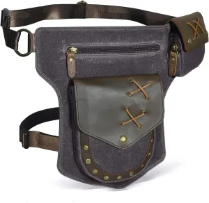 Le'aokuu Men‘s Canvas And Genuine Leather Waterproof Waist Pack Crossbody Chest Bag Bum Bag Hip Pouch Pockets Belt Bag 211-8 (0 Grey)