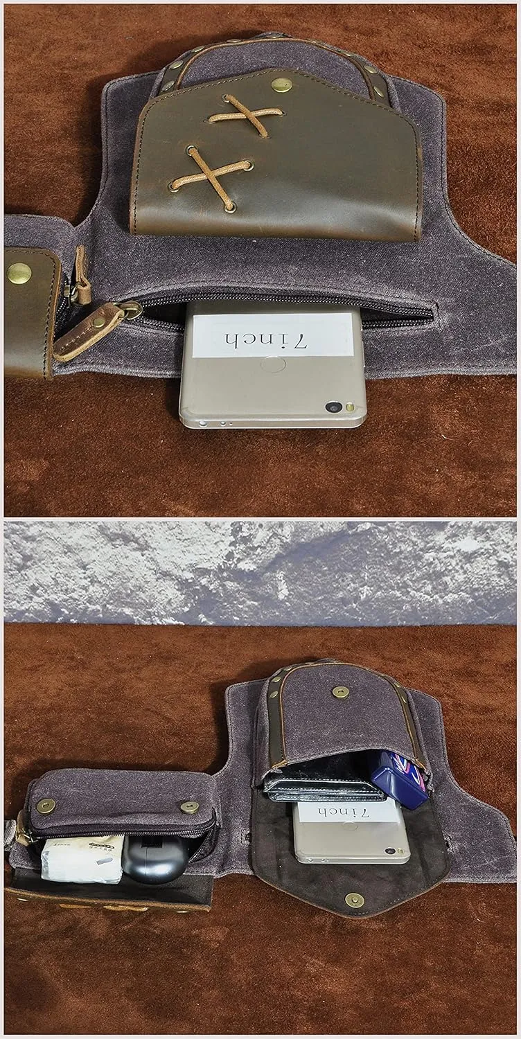 Le'aokuu Men‘s Canvas And Genuine Leather Waterproof Waist Pack Crossbody Chest Bag Bum Bag Hip Pouch Pockets Belt Bag 211-8 (0 Grey)