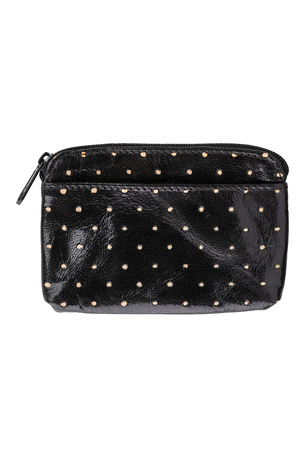 Leather Polka Dot Zip Pouch - Black