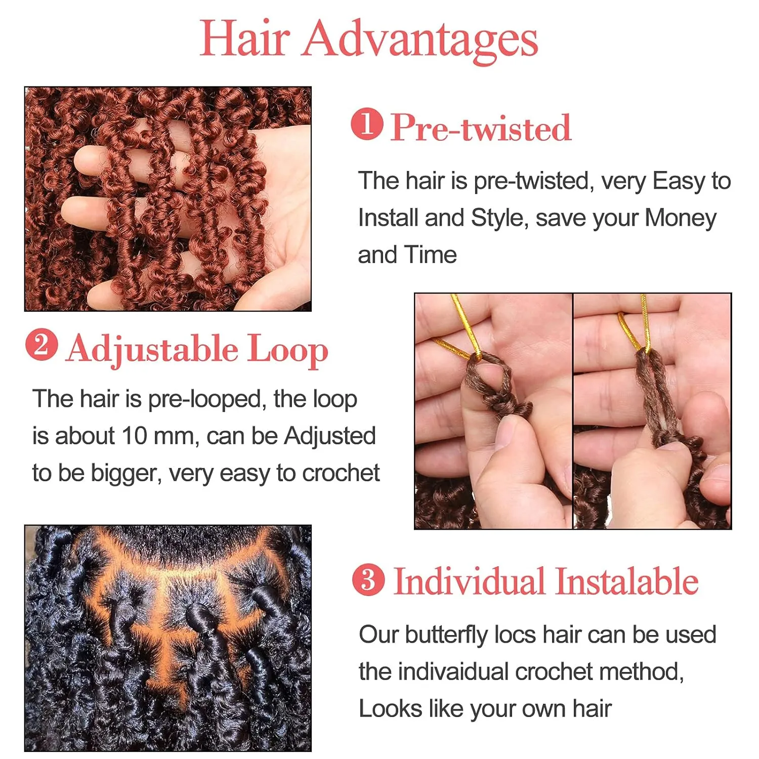 Leeven 6 Packs Copper Red Bob Distressed Butterfly Locs Crochet Hair Pre-looped Messy Butterfly Twist Locs Hair 12 Inch Short Butterfly Knotless Braids Locs Hair for Women 350#