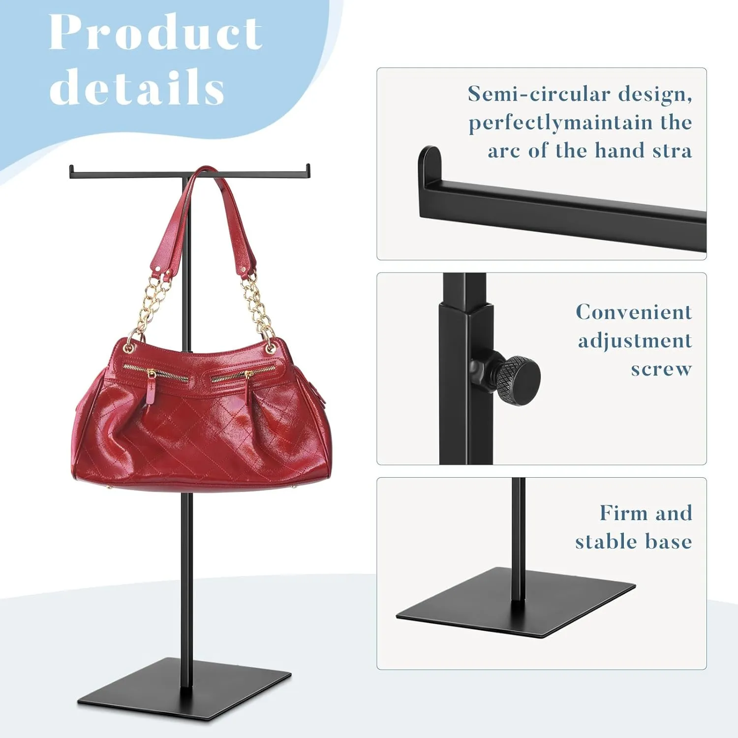Leinuosen 4 Pcs Tabletop Purse Display Stand Metal T Bar Handbag Display Stand Holder Adjustable Height Double Hook Hanging Jewelry Stands for Home Store Boutique Counter