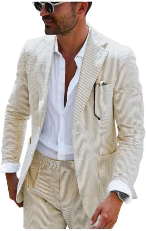 Leisure Mens Striped Seersucker Slim Fit Suit Grooms Lightweight Sear Sucker Suit for Wedding