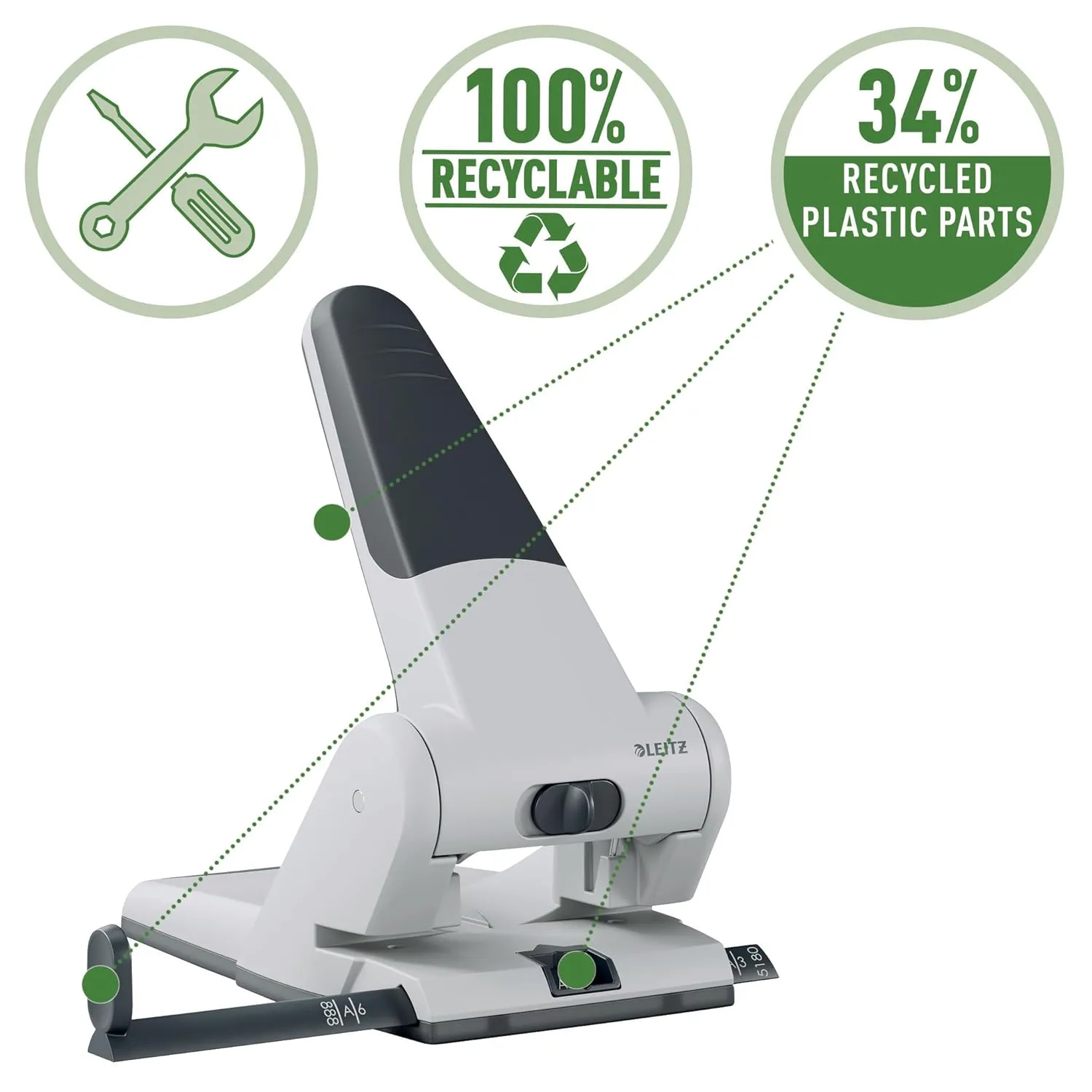 Leitz Heavy Duty Hole Punch, 65 Sheets, Guide Bar with Format Markings, Metal, 51800084 - Silver