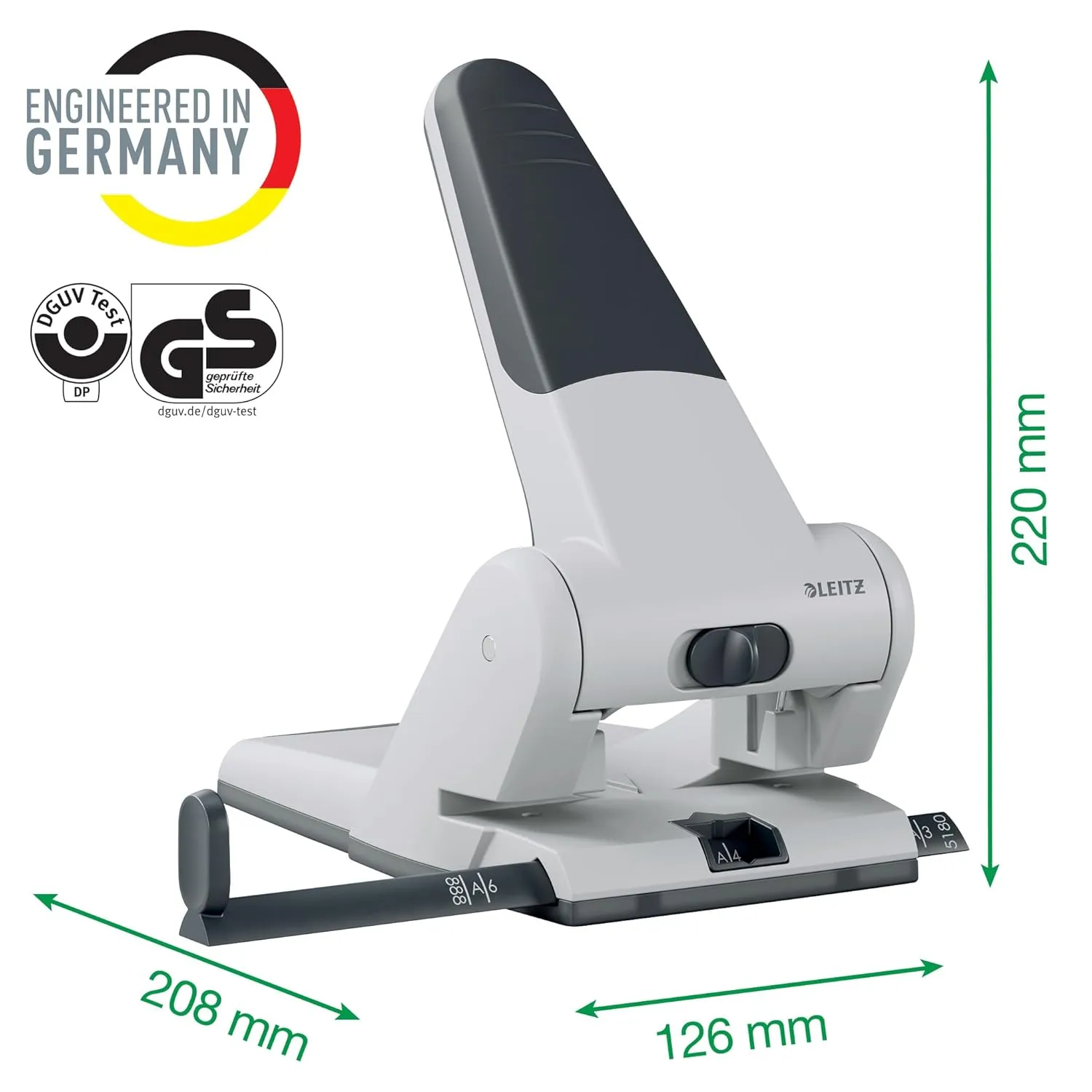 Leitz Heavy Duty Hole Punch, 65 Sheets, Guide Bar with Format Markings, Metal, 51800084 - Silver