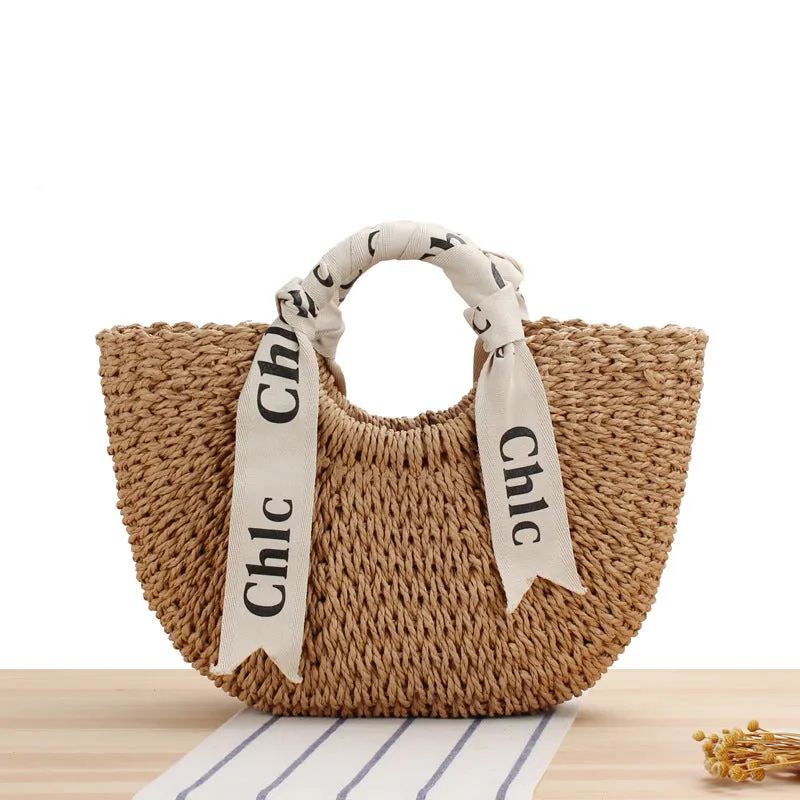 Letter Scarf Portable Papyrus Woven Straw Outing Shoulder Bags