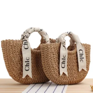 Letter Scarf Portable Papyrus Woven Straw Outing Shoulder Bags