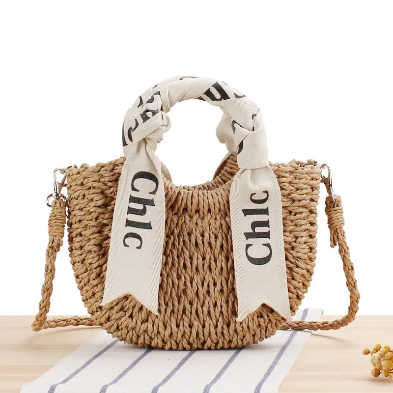Letter Scarf Portable Papyrus Woven Straw Outing Shoulder Bags