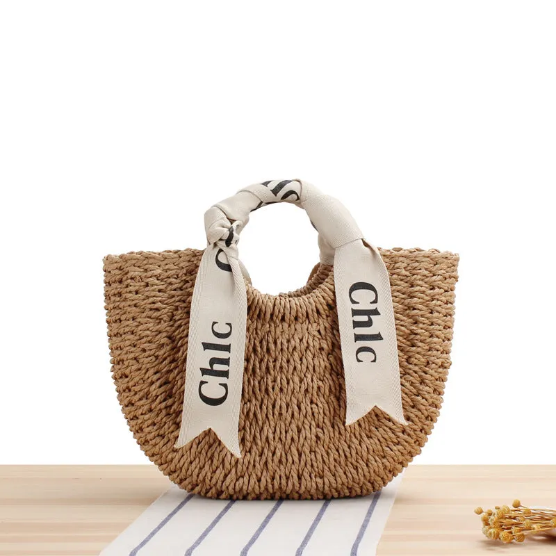 Letter Scarf Portable Papyrus Woven Straw Outing Shoulder Bags