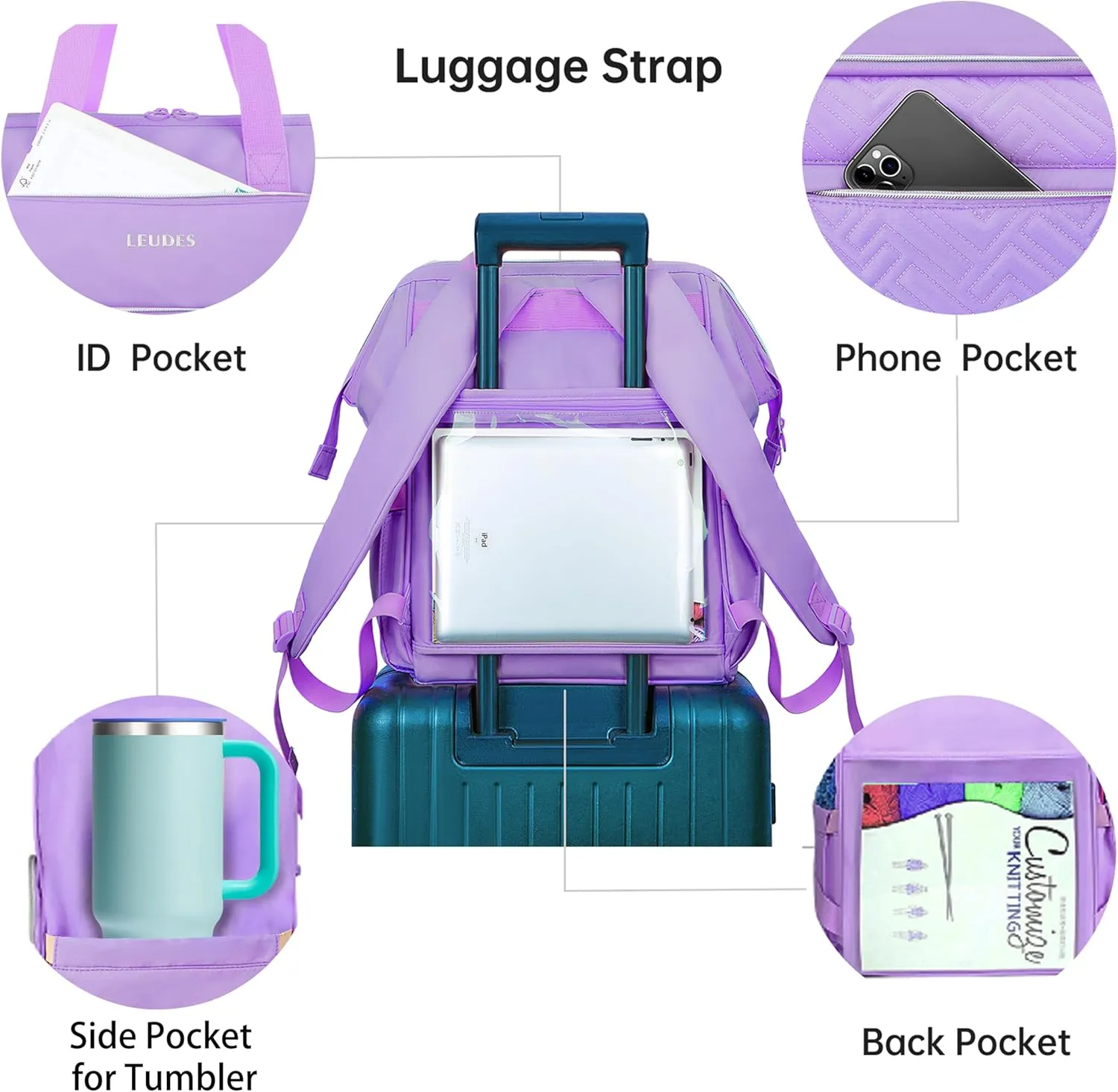 Leudes Knitting Bag Backpack, Yarn Storage Organizer Large Crochet Bag Tote Christmas Gift Yarn Holder Case for Carrying Projects, Knitting Needles (Upgraded Purple)