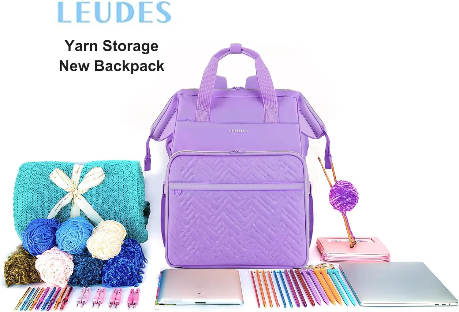 Leudes Knitting Bag Backpack, Yarn Storage Organizer Large Crochet Bag Tote Christmas Gift Yarn Holder Case for Carrying Projects, Knitting Needles (Upgraded Purple)