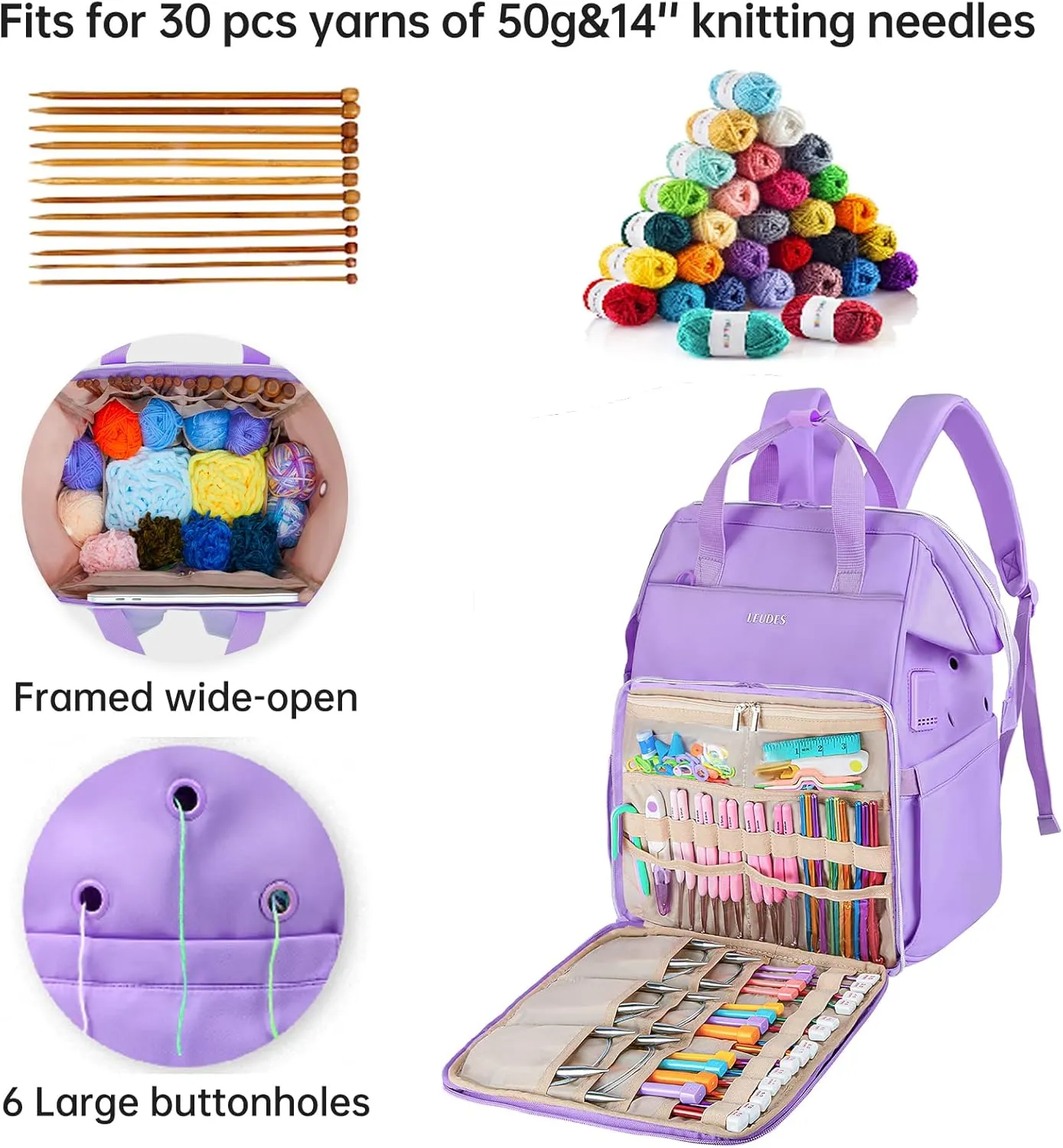 Leudes Knitting Bag Backpack, Yarn Storage Organizer Large Crochet Bag Tote Christmas Gift Yarn Holder Case for Carrying Projects, Knitting Needles (Upgraded Purple)