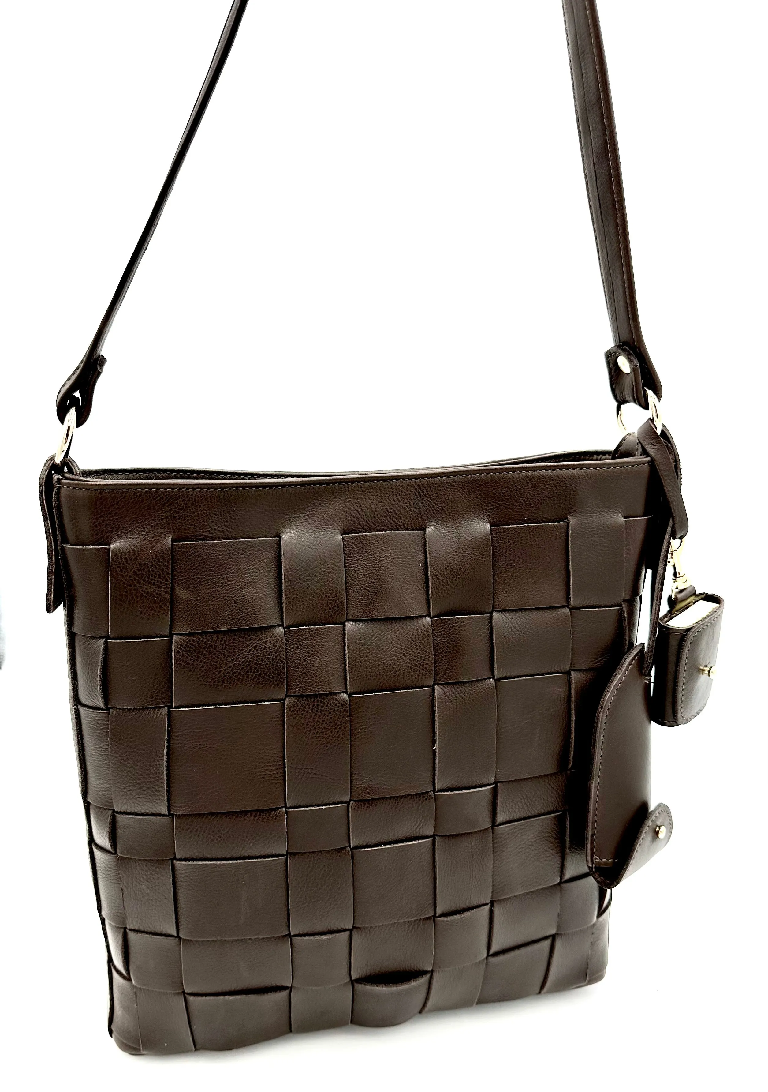 Liana Woven Leather Shoulder Bag - Chocolate