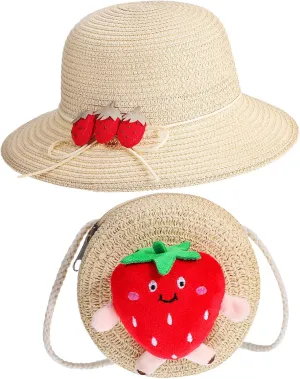 LIFKOME Strawberry Straw Bag Set 1 Purse 1 Hat Summer Straw Handbag for Women Beach Crossbody Bag