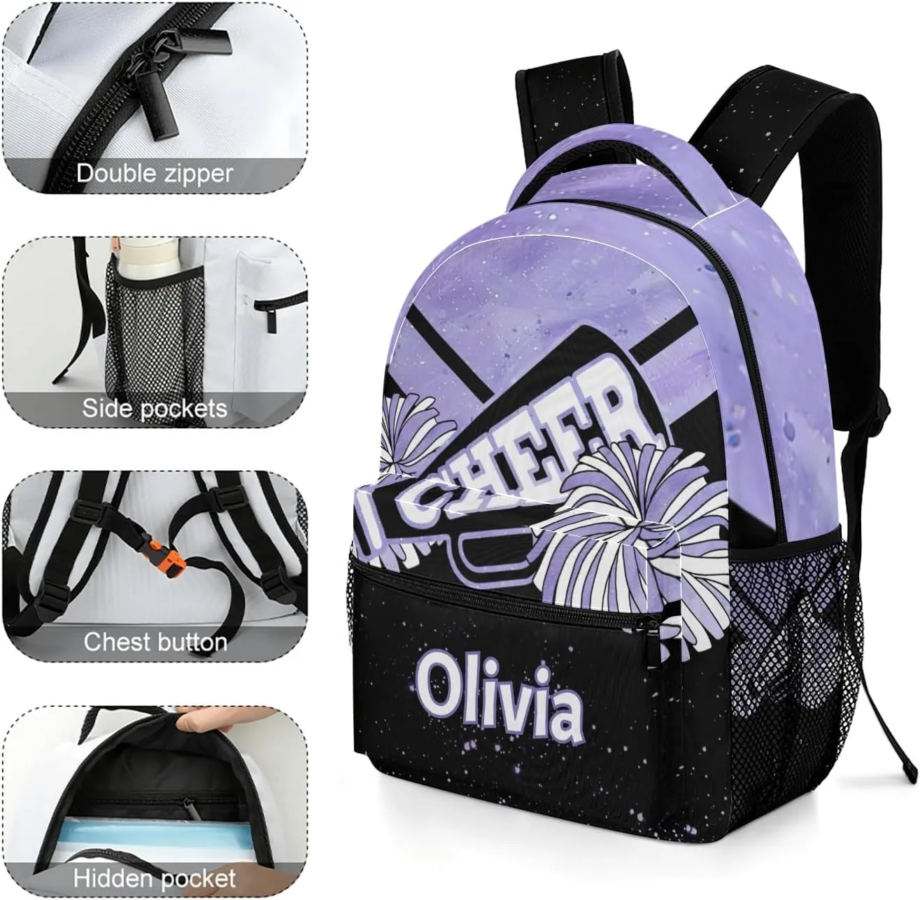 Light Purple Cheer Personalized Name Waterproof Unisex Backpack for Women Men Daily Bag