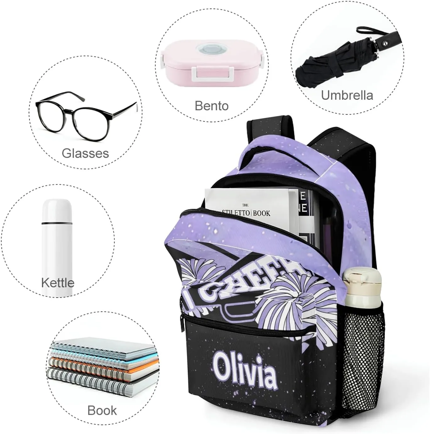 Light Purple Cheer Personalized Name Waterproof Unisex Backpack for Women Men Daily Bag