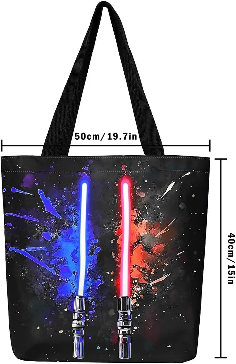Lightsaber Theme Canvas Tote Bag,Science Fiction Light Saber Tote Bag,Blue Green Light Sword Shopping Grocery Bags