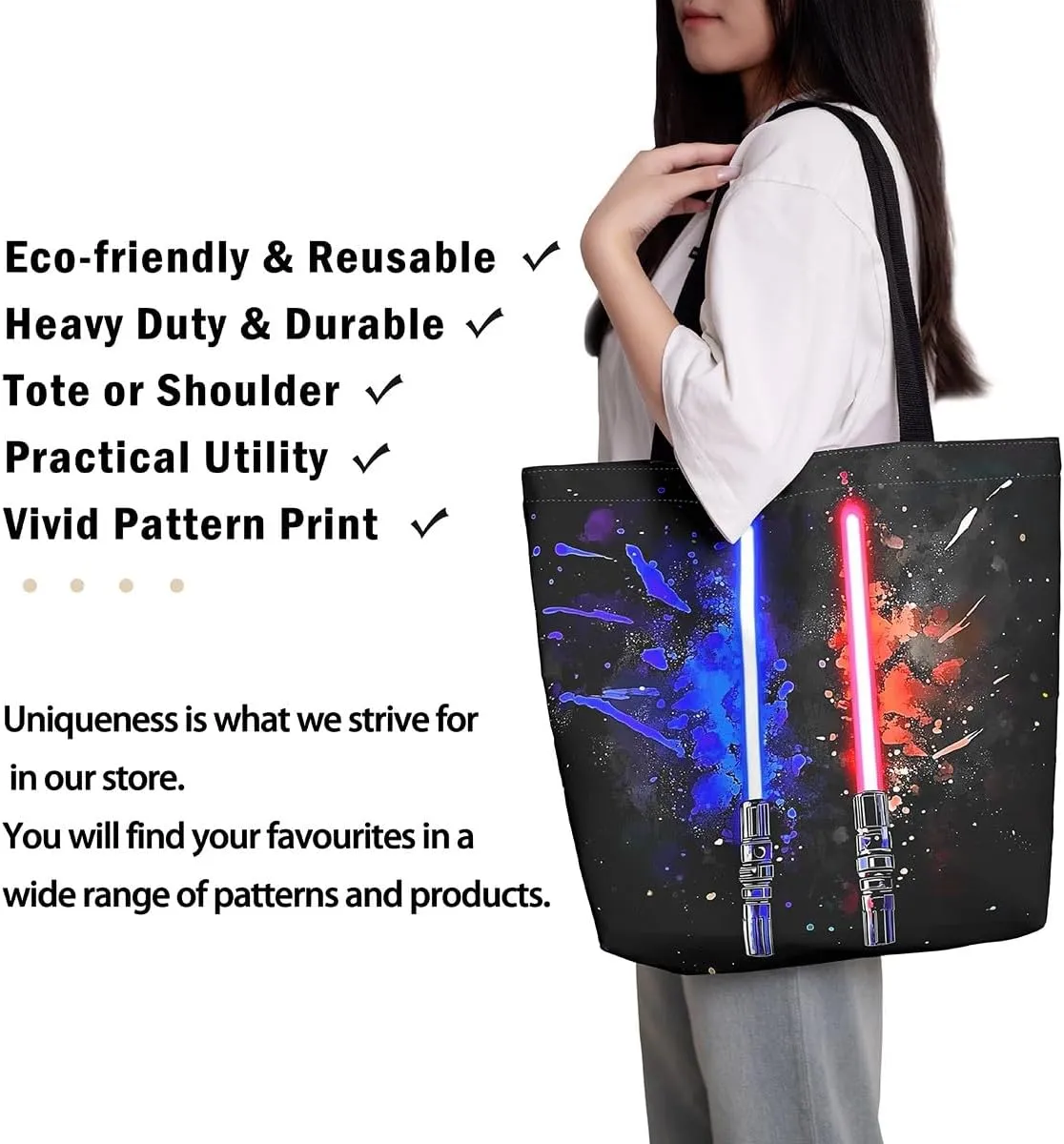 Lightsaber Theme Canvas Tote Bag,Science Fiction Light Saber Tote Bag,Blue Green Light Sword Shopping Grocery Bags
