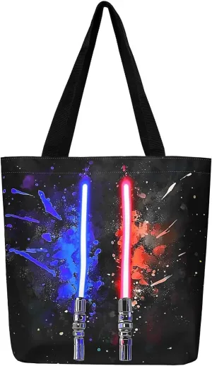 Lightsaber Theme Canvas Tote Bag,Science Fiction Light Saber Tote Bag,Blue Green Light Sword Shopping Grocery Bags