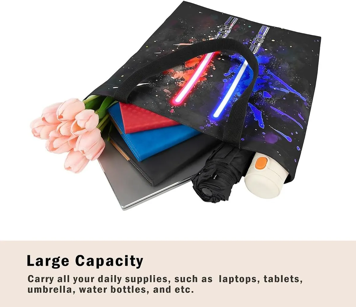 Lightsaber Theme Canvas Tote Bag,Science Fiction Light Saber Tote Bag,Blue Green Light Sword Shopping Grocery Bags