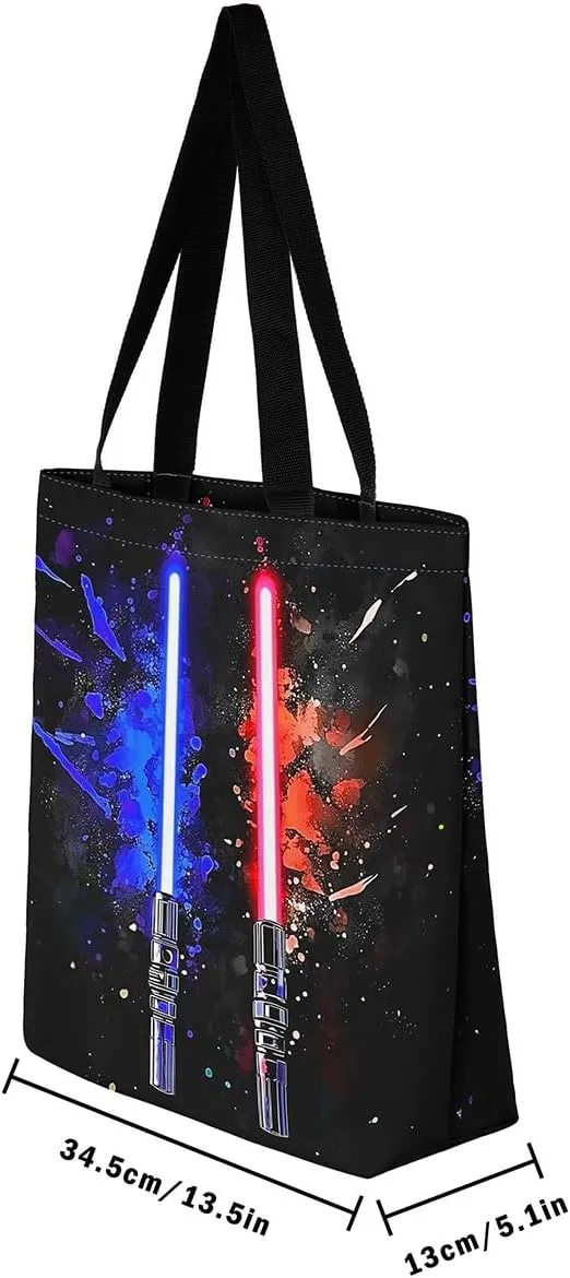 Lightsaber Theme Canvas Tote Bag,Science Fiction Light Saber Tote Bag,Blue Green Light Sword Shopping Grocery Bags