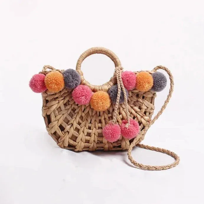 Lilac PomPom Chunky Straw Bag
