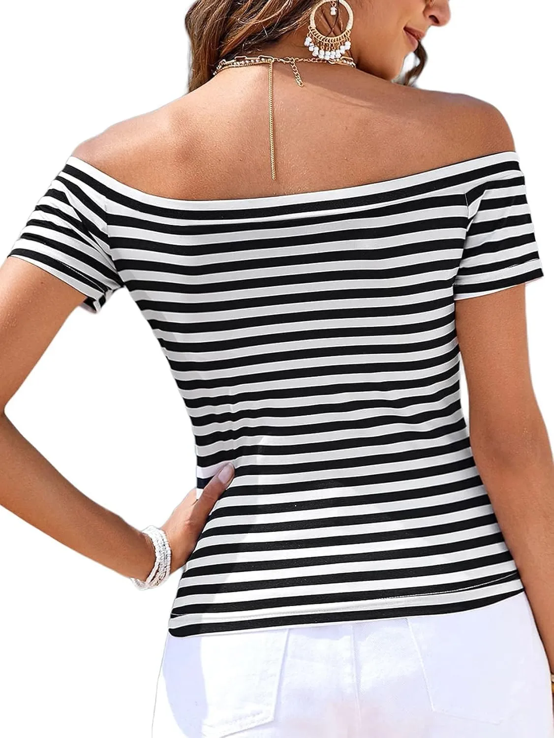 LilyCoco Striped Off The Shoulder Tops for Women Short Sleeve Sexy Fitted Pirate Shirt