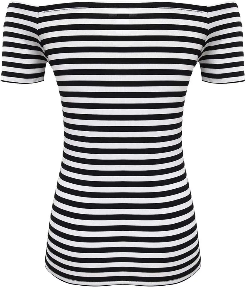 LilyCoco Striped Off The Shoulder Tops for Women Short Sleeve Sexy Fitted Pirate Shirt