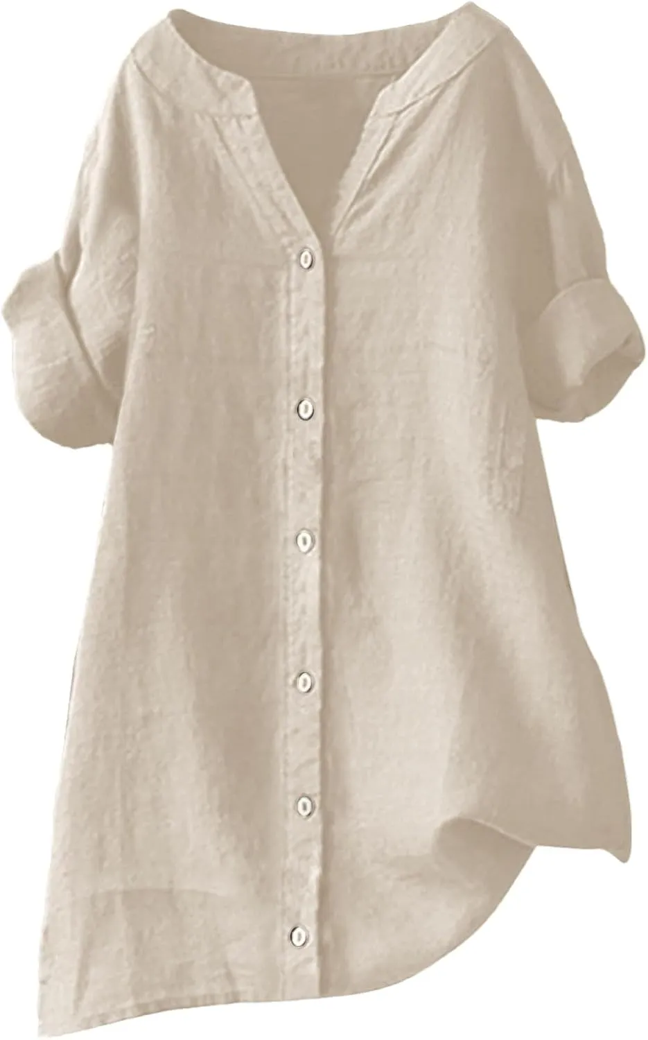 Linen Shirts for Women Womens Tops 3/4 Sleeve Button Down Shirts V Neck Solid Casual Tunic Blouses with Pocket