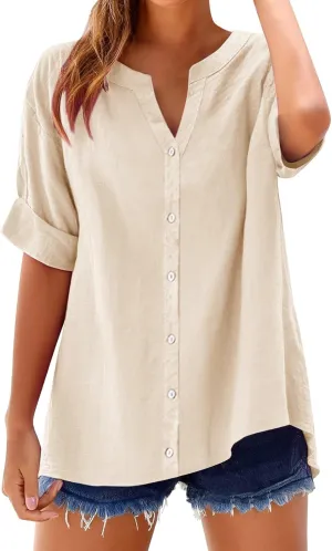 Linen Shirts for Women Womens Tops 3/4 Sleeve Button Down Shirts V Neck Solid Casual Tunic Blouses with Pocket