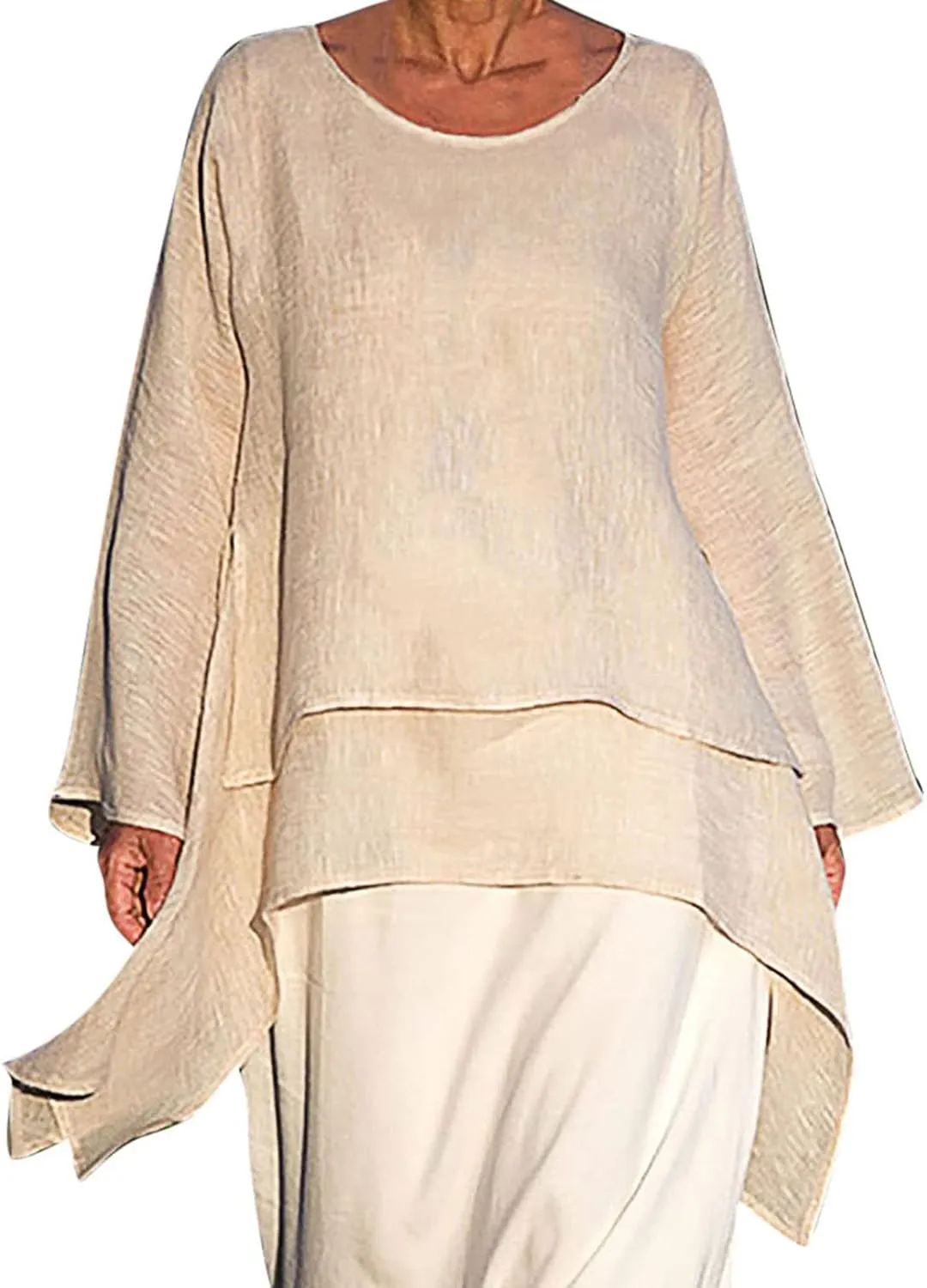 Linen Tops for Women Lightweight Long Sleeve Crewneck Dress Shirts Fashion Breathable Boho Summer Vacation Blouse
